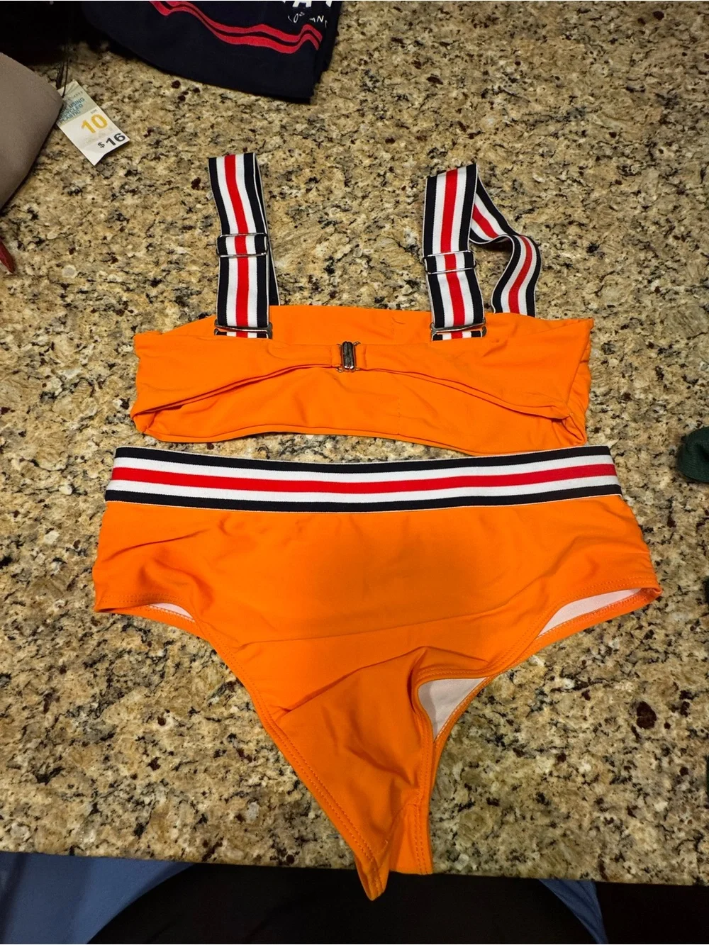 Women's Orange High-Waist Bikini Set with Striped Straps